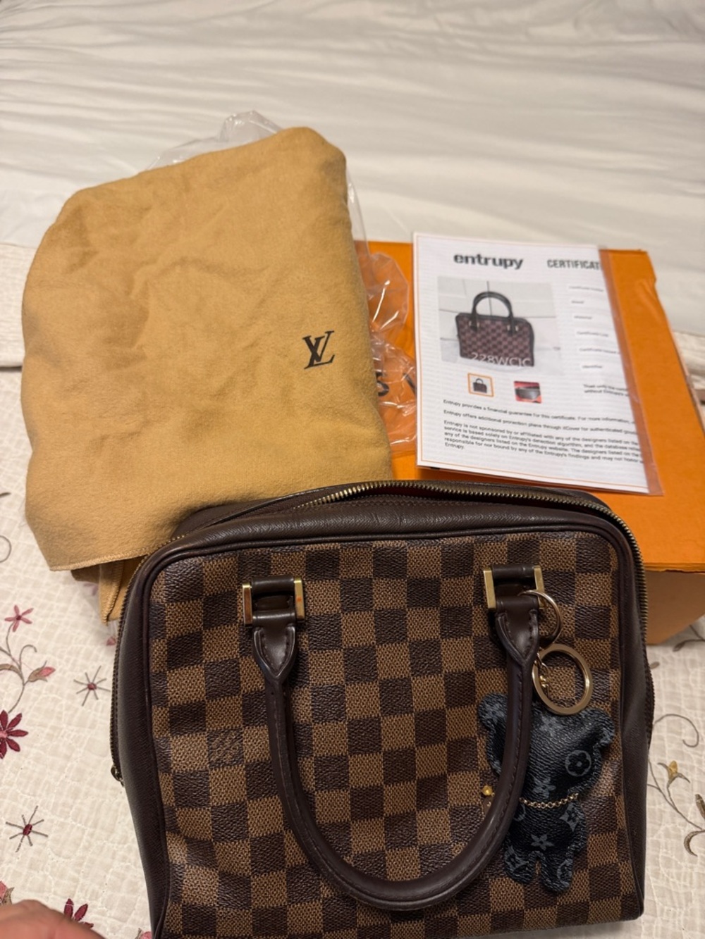 Authentic Louis Vuitton  Damierbrera Brown Checkered Satchel Bag with Bear Charm
